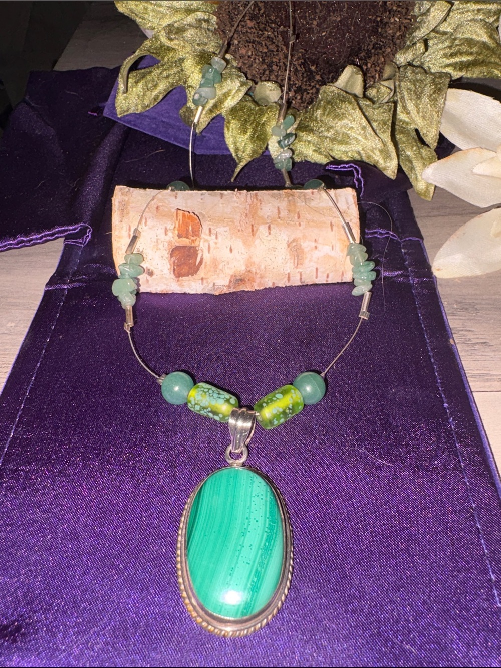 HANDMADE-GENUINE MALACHITE IN STAMPED STERLING SILVER PENDENT W/ beads NECKLACE